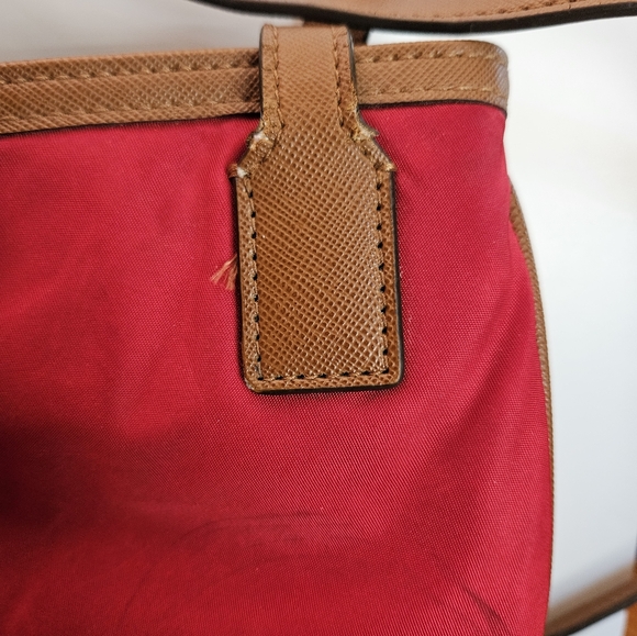 Michael Kors Red Nylon & Brown Slim Crossbody Shoulder Bag Purse Handbag - Picture 6 of 7